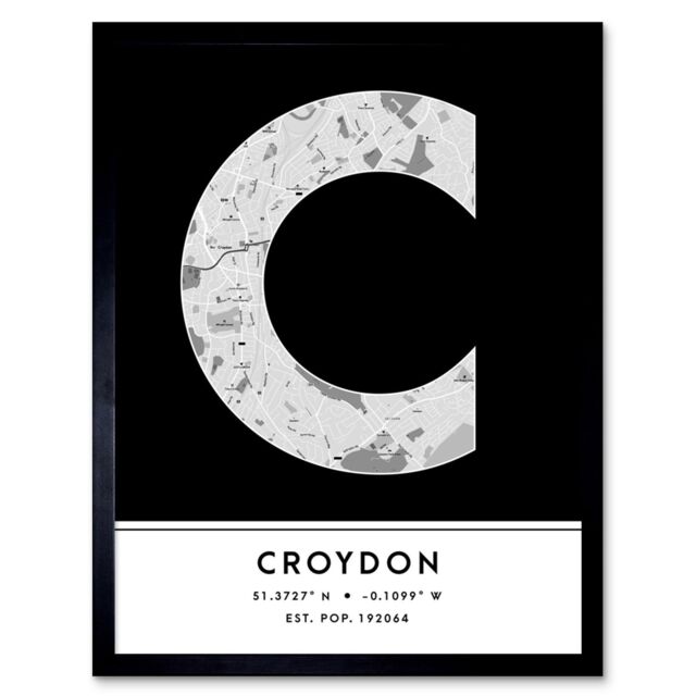"Wee Blue Coo Wall Art Print Croydon England United Kingdom City Map Modern Typography Stylish Letter Framed Word in Black - Size: W12"" x H16""" - image 1