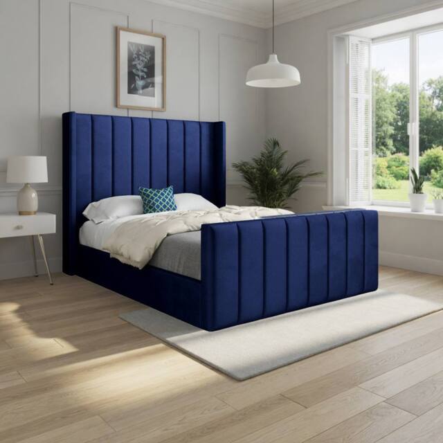 KDMD Strumpshaw Winged Upholstered Blue Soft Velvet Designer Bed Frame - Size: Small Single - image 1
