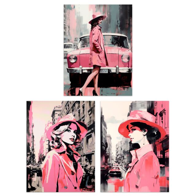 Artery8 Set of 3 Pink Downtown Women Watercolour Artworks City Cars & Winter Retro Fashion Unframed Wall Art Living Room Poster Prints Pack - image 1