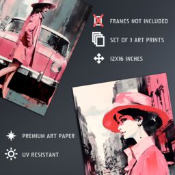 Artery8 Set of 3 Pink Downtown Women Watercolour Artworks City Cars & Winter Retro Fashion Unframed Wall Art Living Room Poster Prints Pack - thumbnail 4