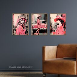 Artery8 Set of 3 Pink Downtown Women Watercolour Artworks City Cars & Winter Retro Fashion Unframed Wall Art Living Room Poster Prints Pack - thumbnail 2