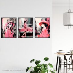 Artery8 Set of 3 Pink Downtown Women Watercolour Artworks City Cars & Winter Retro Fashion Unframed Wall Art Living Room Poster Prints Pack - thumbnail 3