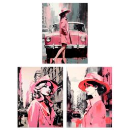 Artery8 Set of 3 Pink Downtown Women Watercolour Artworks City Cars & Winter Retro Fashion Unframed Wall Art Living Room Poster Prints Pack - thumbnail 1
