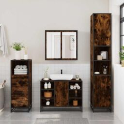 Berkfield Home 3 Piece Bathroom Furniture Set Smoked Oak Engineered Wood in Brown - thumbnail 3