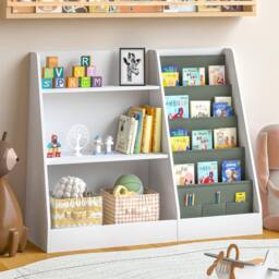 Huhote Kids Bookshelf Storage Bookcase Toy Organizer Toddler Book Shelves in White - thumbnail 1