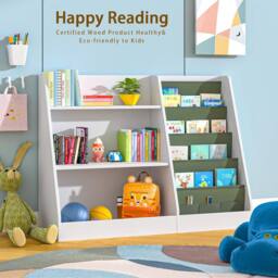 Huhote Kids Bookshelf Storage Bookcase Toy Organizer Toddler Book Shelves in White - thumbnail 6