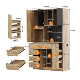 Merax 105cm Tall Kitchen Dresser with LED, Charging & Pull-Out Spice Rack in Natural - thumbnail 2
