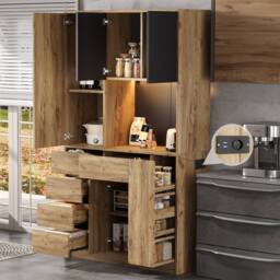 Merax 105cm Tall Kitchen Dresser with LED, Charging & Pull-Out Spice Rack in Natural - thumbnail 1
