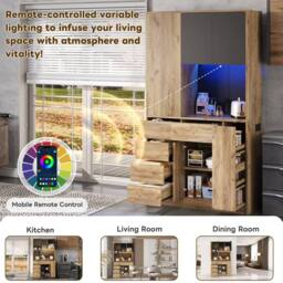 Merax 105cm Tall Kitchen Dresser with LED, Charging & Pull-Out Spice Rack in Natural - thumbnail 4
