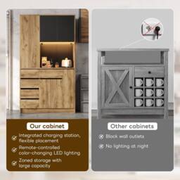 Merax 105cm Tall Kitchen Dresser with LED, Charging & Pull-Out Spice Rack in Natural - thumbnail 5