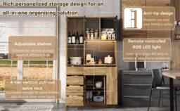 Merax 105cm Tall Kitchen Dresser with LED, Charging & Pull-Out Spice Rack in Natural - thumbnail 8