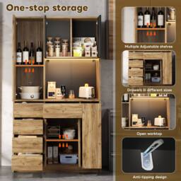 Merax 105cm Tall Kitchen Dresser with LED, Charging & Pull-Out Spice Rack in Natural - thumbnail 3