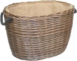 Red Hamper Wicker Oval Hessian Lined Log Basket in Brown