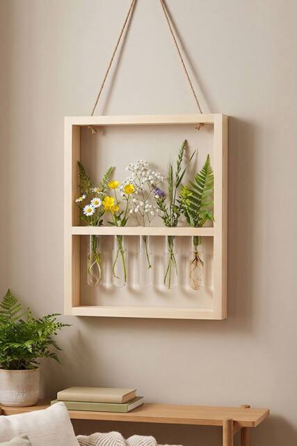 Living and Home 5-Tube Wall Hanging Plant Propagation Station with Wooden Frame in Natural - image 1