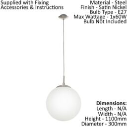 Loops Pendant Light Colour Satin Nickel Shade White Glass Opal Matt Bulb E27 1x60W in Metallics - thumbnail 2