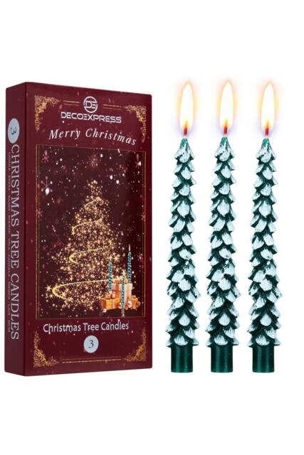 Deco Express Christmas Tree Candles Set of 3 Dinner Candles 7 Hr Burn Xmas Gift Set in Green - image 1