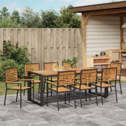 Berkfield Home 9 Piece Garden Dining Set Black Poly Rattan Acacia - thumbnail 4