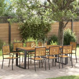 Berkfield Home 9 Piece Garden Dining Set Black Poly Rattan Acacia - thumbnail 1