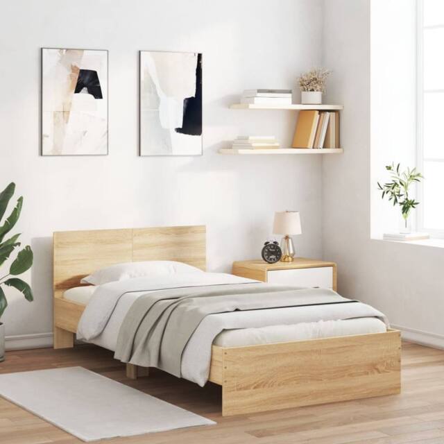 Berkfield Home Durable Bed Frame without Mattress with LED Lights Sonoma Oak 100 in Light Tan - image 1