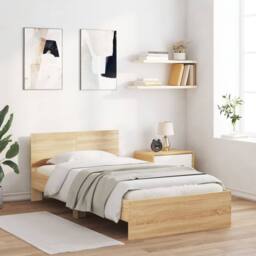 Berkfield Home Durable Bed Frame without Mattress with LED Lights Sonoma Oak 100 in Light Tan - thumbnail 1