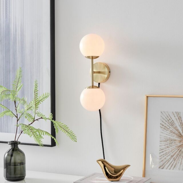 FurnitureboxUK Martha Brushed Brass Art Deco Wall Light With Opal Glass Globe Shades in Gold - image 1