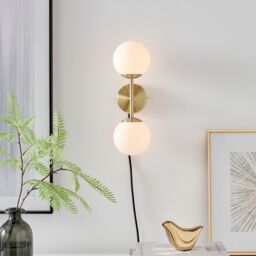 FurnitureboxUK Martha Brushed Brass Art Deco Wall Light With Opal Glass Globe Shades in Gold - thumbnail 2