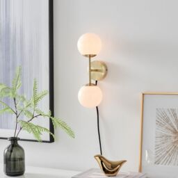 FurnitureboxUK Martha Brushed Brass Art Deco Wall Light With Opal Glass Globe Shades in Gold - thumbnail 1