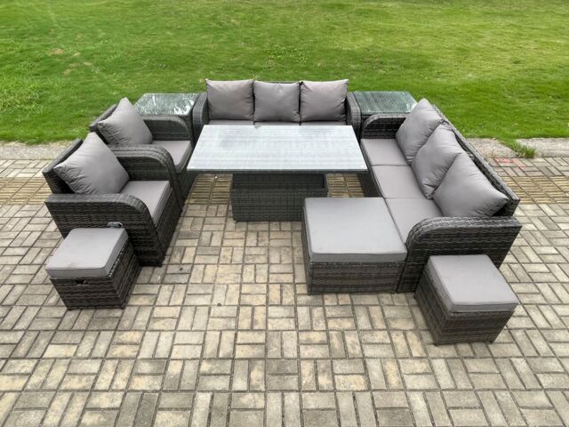 Fimous 11 Seater Rattan Outdoor Garden Furniture Sets Height Adjustable Rising lifting DiningTable Sofa Set with Reclining Chair in Dark Grey - image 1