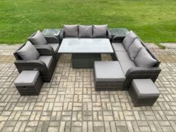 Fimous 11 Seater Rattan Outdoor Garden Furniture Sets Height Adjustable Rising lifting DiningTable Sofa Set with Reclining Chair in Dark Grey - thumbnail 1
