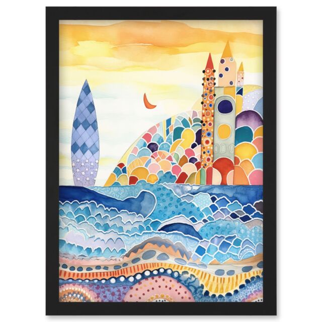 Artery8 Abstract Seascape Waves On Beach Folk Art Bathroom Artwork Framed Wall Art Print A4 in Black - image 1
