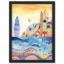 Artery8 Abstract Seascape Waves On Beach Folk Art Bathroom Artwork Framed Wall Art Print A4 in Black - thumbnail 1