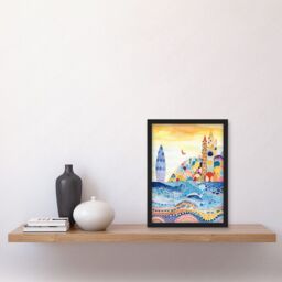 Artery8 Abstract Seascape Waves On Beach Folk Art Bathroom Artwork Framed Wall Art Print A4 in Black - thumbnail 2