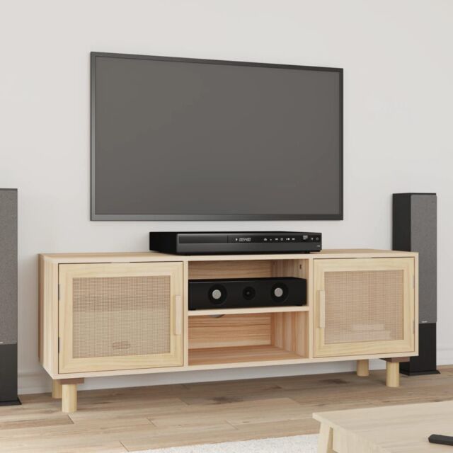 Berkfield Home TV Cabinet Brown 105x30x40 cm Solid Wood Pine&Natural Rattan - Size: 105 x 30 x 40 cm - image 1