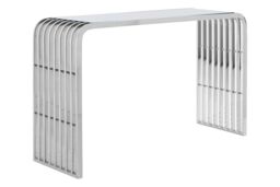 Orsina Luxe Glass Console Table With Mirrored Stainless Steel Base, Polished Art Deco Hallway Console in Silver - thumbnail 3