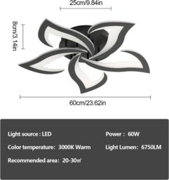 COMELY Modern LED Ceiling Light, 60W Modern Flower Acrylic Lamp, 3000K, Black - thumbnail 5
