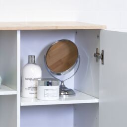 Showerdrape Varallo Matt White & Bamboo Floor Bathroom Cabinet with Display Shelves - thumbnail 5
