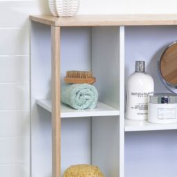 Showerdrape Varallo Matt White & Bamboo Floor Bathroom Cabinet with Display Shelves - thumbnail 3