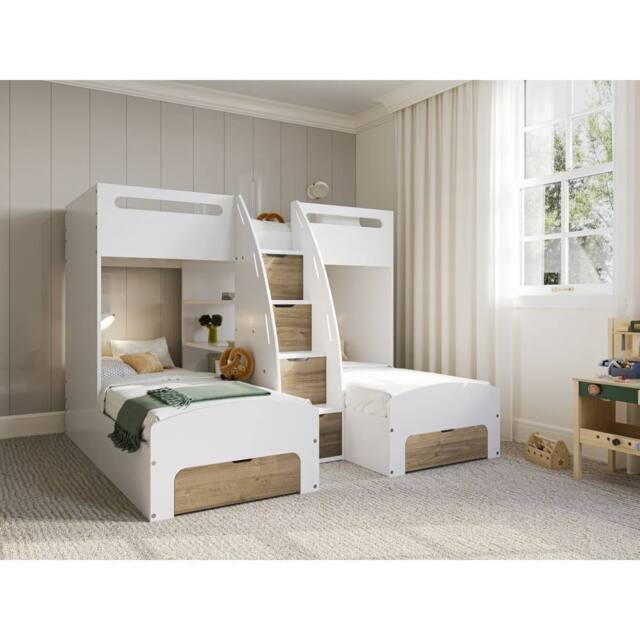 Flair Eddie Staircase Triple Bunk Bed with Storage in White - Size: Single - image 1