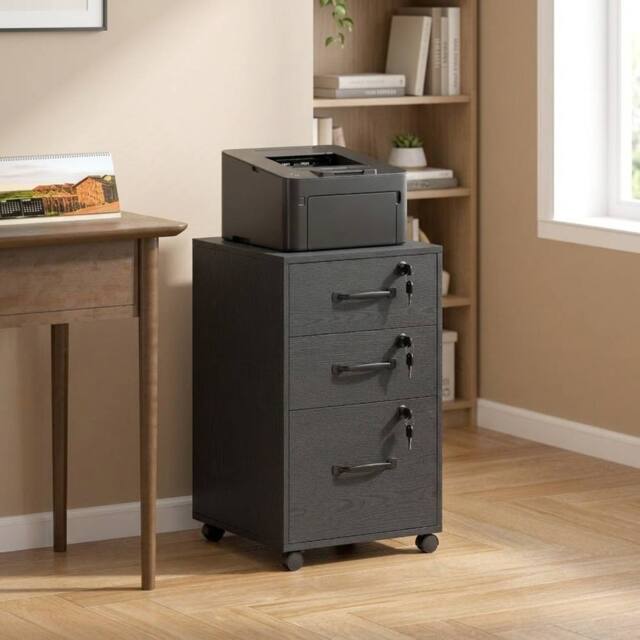 STILVORA Three Drawer Filing Cabinet with Locks & Wheels in Black - image 1