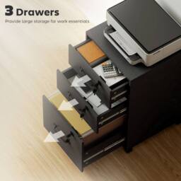 STILVORA Three Drawer Filing Cabinet with Locks & Wheels in Black - thumbnail 6