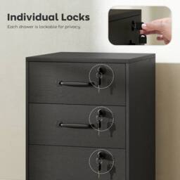 STILVORA Three Drawer Filing Cabinet with Locks & Wheels in Black - thumbnail 9