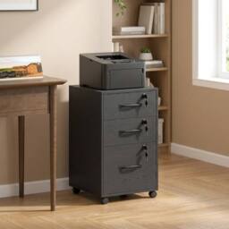 STILVORA Three Drawer Filing Cabinet with Locks & Wheels in Black - thumbnail 1