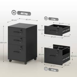 STILVORA Three Drawer Filing Cabinet with Locks & Wheels in Black - thumbnail 4