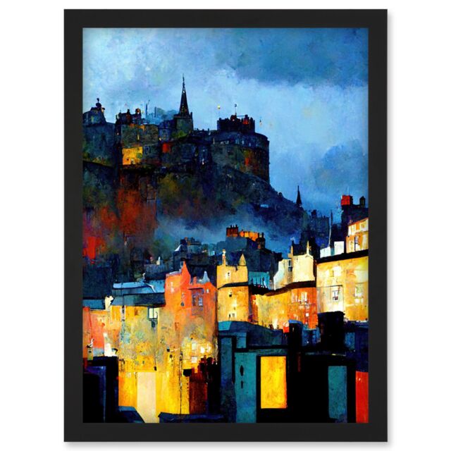 Artery8 Edinburgh Castle From Grassmarket Cityscape Modern Artwork Framed Wall Art Print A4 in Black - image 1
