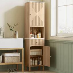 HOMCOM 168cm Tall Bathroom Cabinet with Adjustable Shelves, Oak Wood Effect in Light Oak - thumbnail 1
