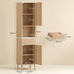 HOMCOM 168cm Tall Bathroom Cabinet with Adjustable Shelves, Oak Wood Effect in Light Oak - thumbnail 3