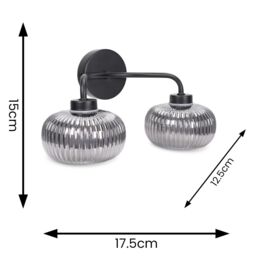 ValueLights Amaia Pair of Matte Black IP44 Rated 2 Way Smoked Ribbed Glass Wall Lights - thumbnail 6
