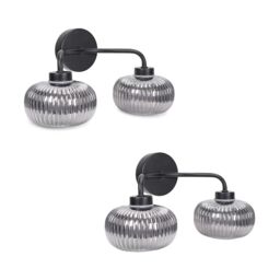 ValueLights Amaia Pair of Matte Black IP44 Rated 2 Way Smoked Ribbed Glass Wall Lights - thumbnail 5