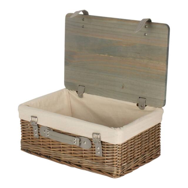 Red Hamper Antique Wash White Lined Willow Empty Picnic Basket with Pinewood Lid - Size: Medium - image 1