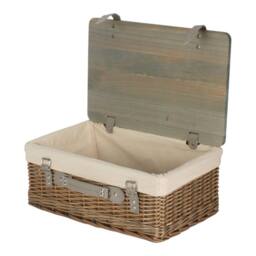 Red Hamper Antique Wash White Lined Willow Empty Picnic Basket with Pinewood Lid - Size: Medium - thumbnail 1